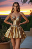 Sparkly Gold Sweetheart Metallic A Line Short Cocktail Dress with Pleats