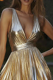 Sparkly Gold V-Neck Metallic A Line Short Cocktail Dress with Pleats