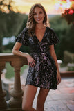 Sparkly Black Sequin V-Neck A Line Short Cocktail Dress with Sleeves