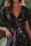 Sparkly Black Sequin V-Neck A Line Short Cocktail Dress with Sleeves