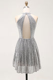 Sparkly Silver Halter Sequin A Line Short Cocktail Dress with Keyhole
