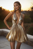 Sparkly Gold Short A Line Deep V-Neck Metallic Cocktail Dress