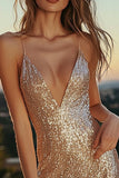 Sparkly Gold V Neck Tight Sequin Asymmetrical Cocktail Dress