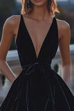 Black Velvet Deep V-Neck A Line Short Cocktail Dress with Sash