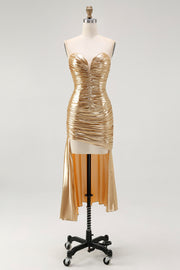 Gold Metallic Bodycon Sweetheart Ruched High-Low Cocktail Dress