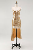 Gold Metallic Bodycon Sweetheart Ruched High-Low Cocktail Dress