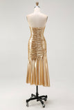 Gold Metallic Bodycon Sweetheart Ruched High-Low Cocktail Dress