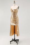 Gold Metallic Bodycon Sweetheart Ruched High-Low Cocktail Dress