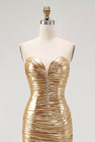 Gold Metallic Bodycon Sweetheart Ruched High-Low Cocktail Dress