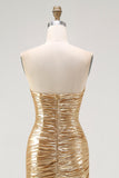 Gold Metallic Bodycon Sweetheart Ruched High-Low Cocktail Dress