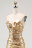 Gold Metallic Bodycon Sweetheart Ruched High-Low Cocktail Dress