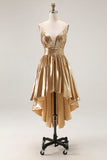 Gold Metallic Ruched A Line High-Low Cocktail Dress