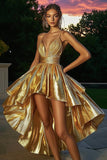 Gold Metallic Ruched A Line High-Low Cocktail Dress