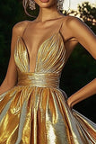 Gold Metallic Ruched A Line High-Low Cocktail Dress