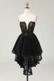 Black Lace Sweetheart High-Low Ruffled Birthday Party Dress