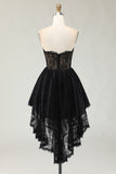 Black Lace Sweetheart High-Low Ruffled Birthday Party Dress