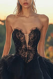 Lace Black Sweetheart High-Low Cocktail Dress with Ruffles