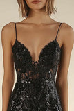 Sparkly Black Lace Spaghetti Straps Tight Mini Cocktail Dress