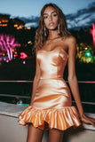 Light Orange Mini Bodycon Strapless Cocktail Dress with Ruffles