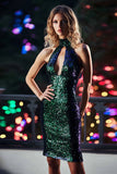 Sparkly Dark Green Halter Bodycon Sequin Short Cocktail Dress with Keyhole