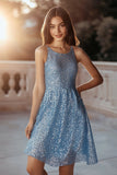 Sparkly Blue Sequin Scoop Neck A Line Short Cocktail Dress