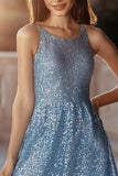 Sparkly Blue Sequin Scoop Neck A Line Short Cocktail Dress