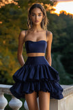 Navy 2 Piece Spaghetti Straps Tiered A Line Short Cocktail Dress with Ruffles