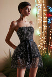 Black Spaghetti Straps Beaded A Line Short Prom Dress with Sash