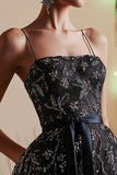 Black Spaghetti Straps Beaded A Line Short Prom Dress with Sash