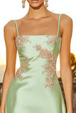 Satin Sage Green Floral Spaghetti Straps Short Cocktail Dress