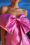 Fuchsia Satin Strapless Mini Bodycon Prom Dress with Bow