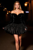 Black Velvet Off the Shoulder A Line Short Prom Dress with Sleeves