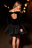 Black Velvet Off the Shoulder A Line Short Prom Dress with Sleeves