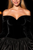 Black Velvet Off the Shoulder A Line Short Prom Dress with Sleeves