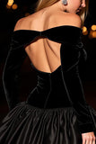Black Velvet Off the Shoulder A Line Short Prom Dress with Sleeves