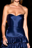 Short Navy Satin Strapless Corset Prom Dress with Ruffles