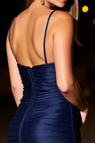 Navy Satin Ruched Spaghetti Straps Mini Tight Cocktail Dress