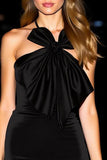 Halter Bodycon Short Satin Little Black Dress with Bow