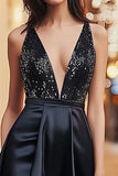 Sparkly Black V-Neck Asymmetrical Cocktail Dress with Sequins
