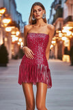Sparkly Sequin Fuchsia Strapless Short Prom Dress with Fringes