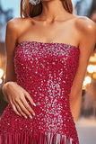 Sparkly Sequin Fuchsia Strapless Short Prom Dress with Fringes