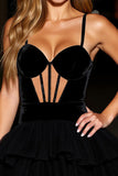 Black Velvet Corset A Line Short Prom Dress with Ruffles