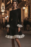 A Line Black and White Ruffled Short Cocktail Dress with Sleeves