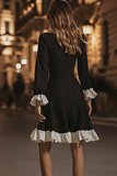 A Line Black and White Ruffled Short Cocktail Dress with Sleeves
