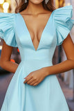 Sky Blue Short V-Neck A Line Cocktail Dress with Ruffles