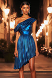 Sparkly Dark Blue Metallic One Shoulder Asymmetrical Prom Dress with Pleats