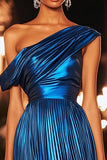 Sparkly Dark Blue Metallic One Shoulder Asymmetrical Prom Dress with Pleats