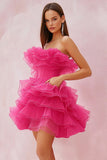 Cute Fuchsia Strapless Tulle Tiered Short Prom Dress with Ruffles