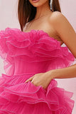 Cute Fuchsia Strapless Tulle Tiered Short Prom Dress with Ruffles