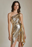 Gold One Shoulder Metallic Short Prom Dress with Slit